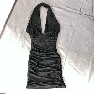 Deep V Wet Look Ruched Halter Dress S/M